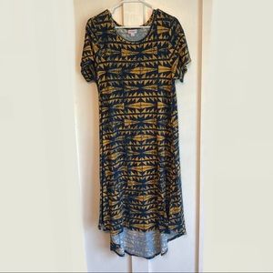 LuLaRoe Carly High Low Dress Geometric Yellow and Navy Pattern